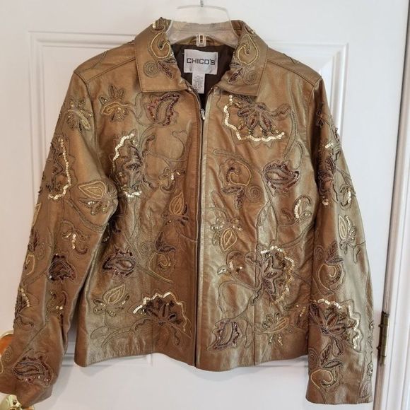 Chico's Jackets & Blazers - Chico's Bronze Leather Embroidered Sequin Zip Jacket, Size 8 - 10 (Sz 1) Artsy